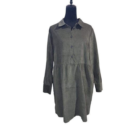 Nine West Dresses & Skirts - Nine West Empire Waist Olive Green Corduroy Babydoll Shirt Dress